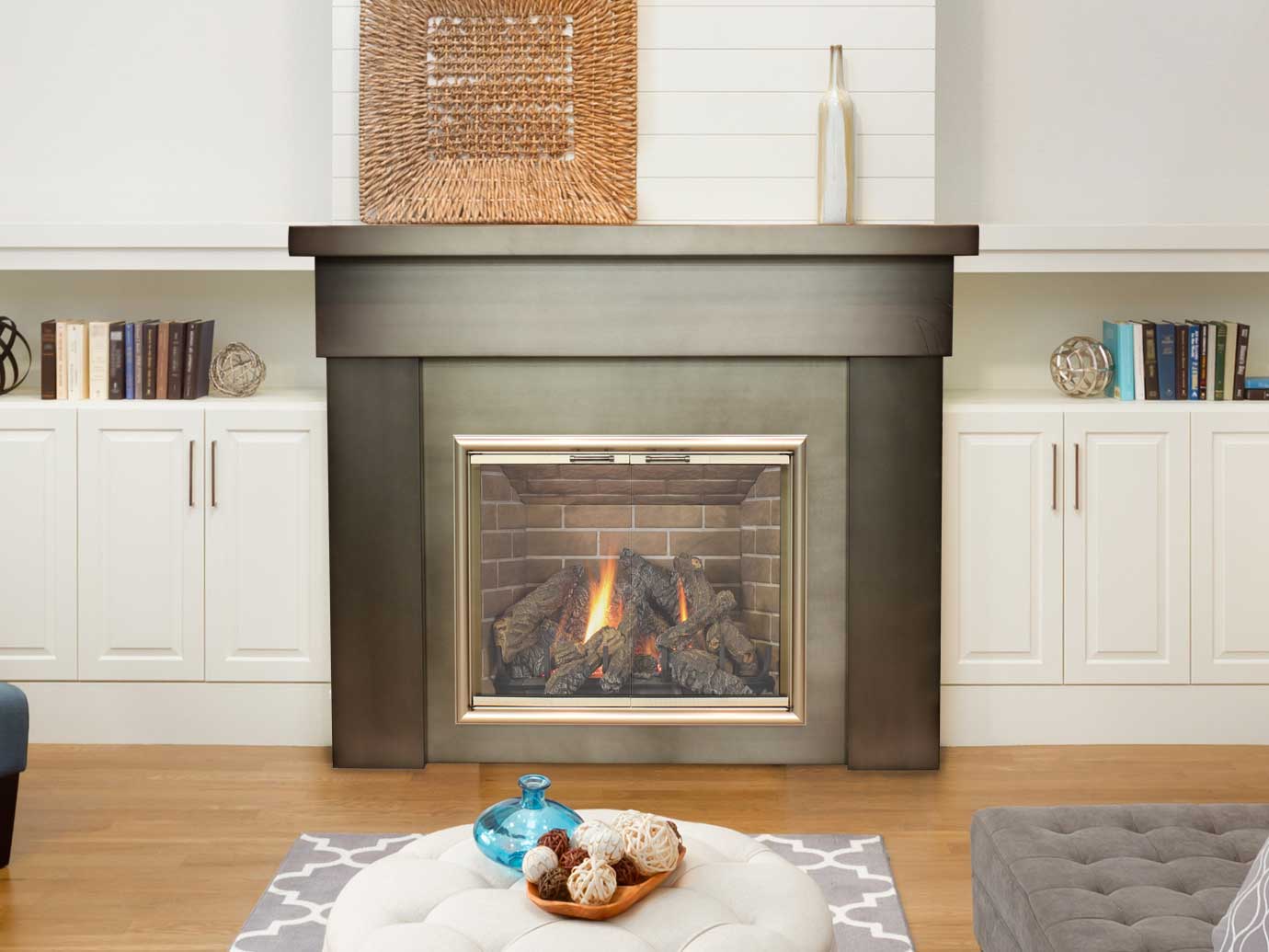 gas fireplace with gas logs, glass doors, brushed metal surround and mantel